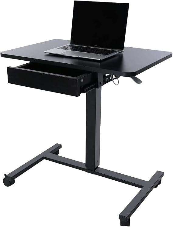 CLATINA Mobile Laptop Standing Desk, Height Adjustable Teacher Podium with Lockable Wheels, Adjustable Work Table with Drawer, Computer Cart Overbed Table for Home, Office, Classroom, Black