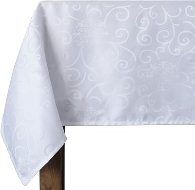 Mijotex 1PC Tablecloth Rectangle 55x78 Inch, Curly Flower Jacquard Table Cloth, Polyester Fabric Table Covers for Wedding Parties, and Thanksgiving Decor,White