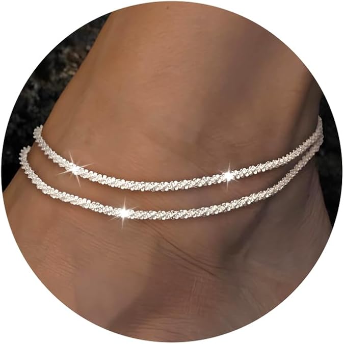 Silver Ankle Bracelets for Women Waterproof Sparkling Link Chian Anklets | Layered Adjustable Silver Anklet,Trendy Sparkling Link Chian,Stackable Anklet Bracelet Set,Dainty Jewelry,Gift for Women