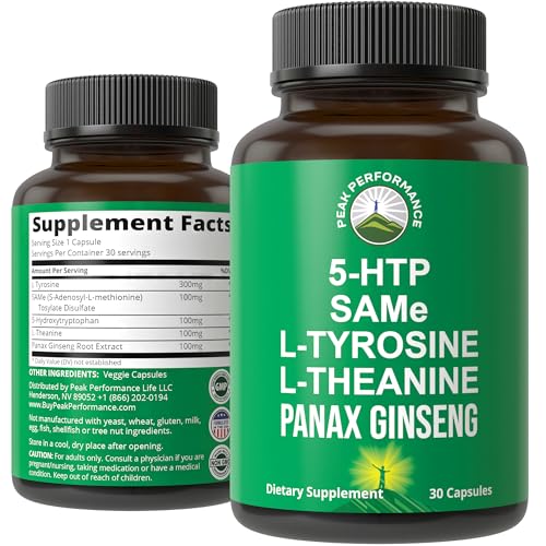 Peak Performance Mood Support Supplement with 5 Top Ingredients: 5HTP, SAM e, L Tyrosine, L Theanine, and Panax Ginseng. Calm, Focus, Relaxation Supplements. Vegan