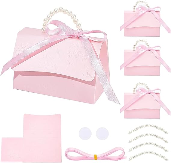 BENECREAT 16Set Wedding Favors Box DIY Set, Pink Kraft Paper Box with Pearl Handle, Ribbons, Stickers, Gift Boxes for Birthday, Party Favor, Boutique, Wedding and Anniversary