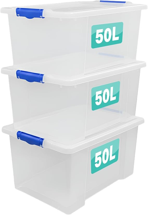 Optimal Products 3 x Storage Boxes With Clip Lock Lids Litre Heavy Duty Clear Stackable Lockable Multipurpose Plastic Storage Box Indoor Outdoor Containers Home,Office,Kitchen,Garage (3 x 50 Litre)