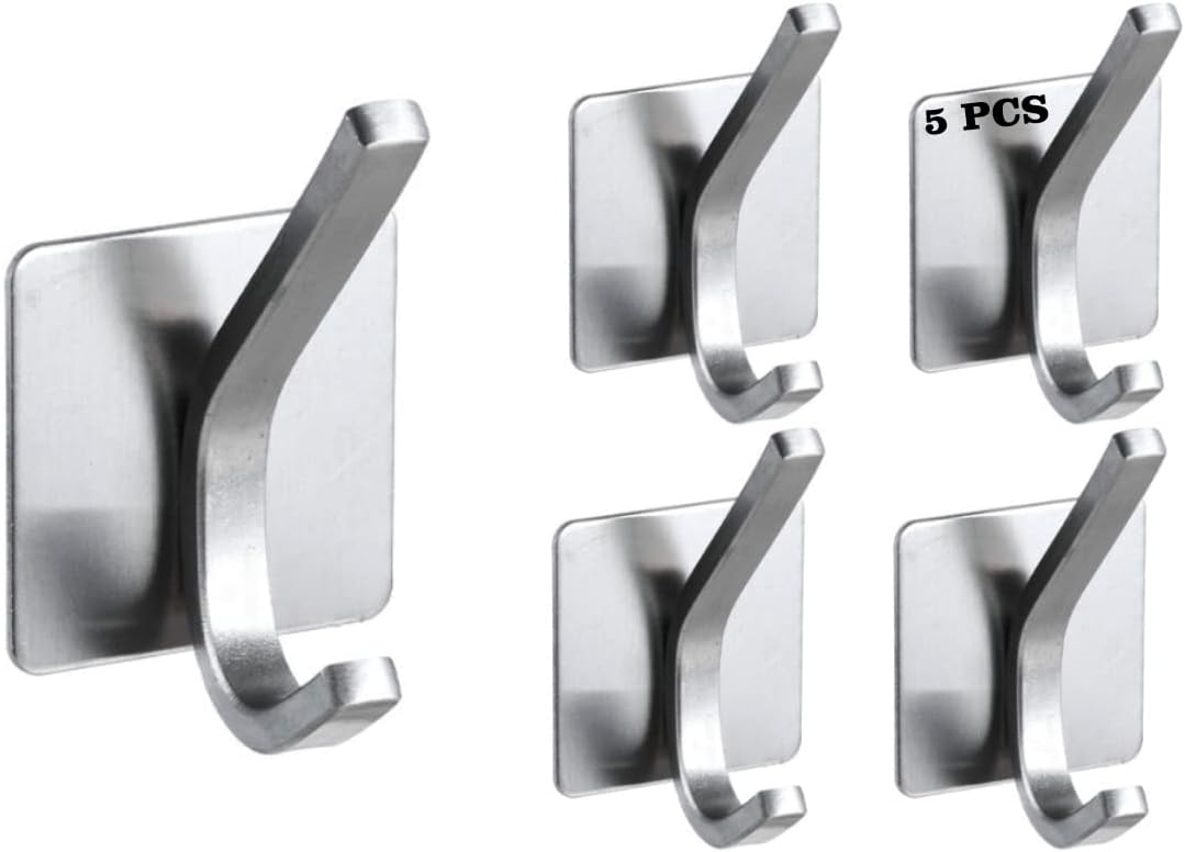 Ardini Self Adhesive Hanger - Pack of 5, Heavy Duty, Wall Hooks, Waterproof Stainless Steel Hangers Jacket, Towel, Bathrobe Hanger Wall Mount, Bathroom Kitchen Garage Home Hotel Office Cabinet and Bedroom Hangers with 3M Tape, CHROME 04
