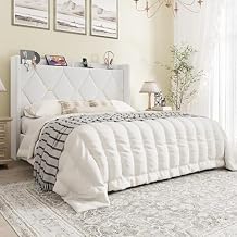 SHA CERLIN Queen Velvet Upholstered Bed Frame with Charging Station, Modern Wingback Storage Headboard, Diamond Stitched & Gold Trim, No Box Spring Needed, Easy Assembly, White