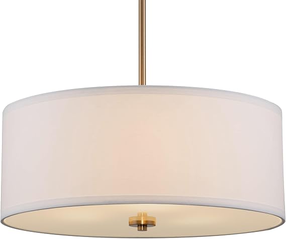 Kira Home Nolan 18 Modern Drum Chandelier with White Fabric Shade, 3-Light Gold Pendant Light with Tempered Glass Diffuser, Cool Brass Finish