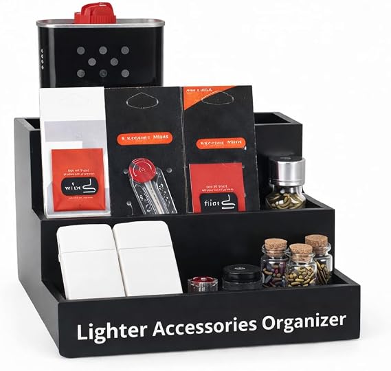 Lighter Accessories Organizer, Wooden 3-Tier Lighter Storage Organizer for Fuel Can, Wick & Flint Cards, Lighter Display Stand for Lighter Parts, Desk Organizer for Collectors