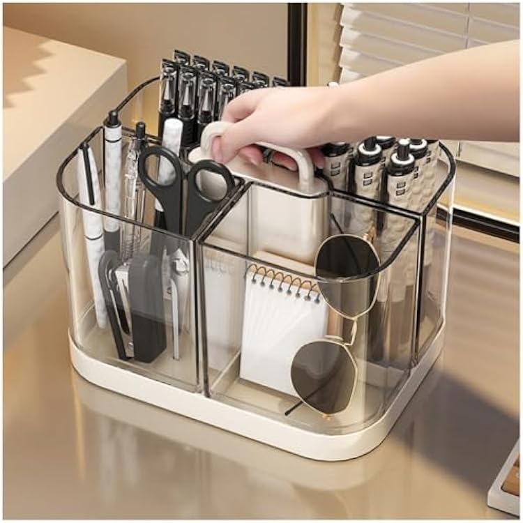 Hggzeg Pen Holder with Handle and Base, Stackable Transparent Desk Caddy 4 Compartments, Plastic Cosmetics Storage Organizer, for Art Supplies, Crafts, Colored Pencils, Stationery, Markers White