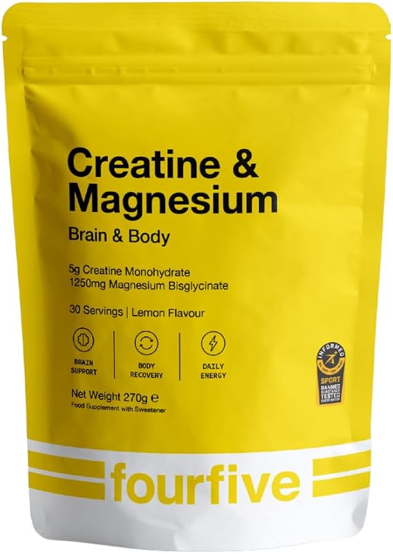 fourfive Creatine & Magnesium Powder (Creatine Monohydrate) Easy Dissolve & Vegan with Lemon Flavour, Strength Power & Recovery - 270g Pouch (30 Servings)