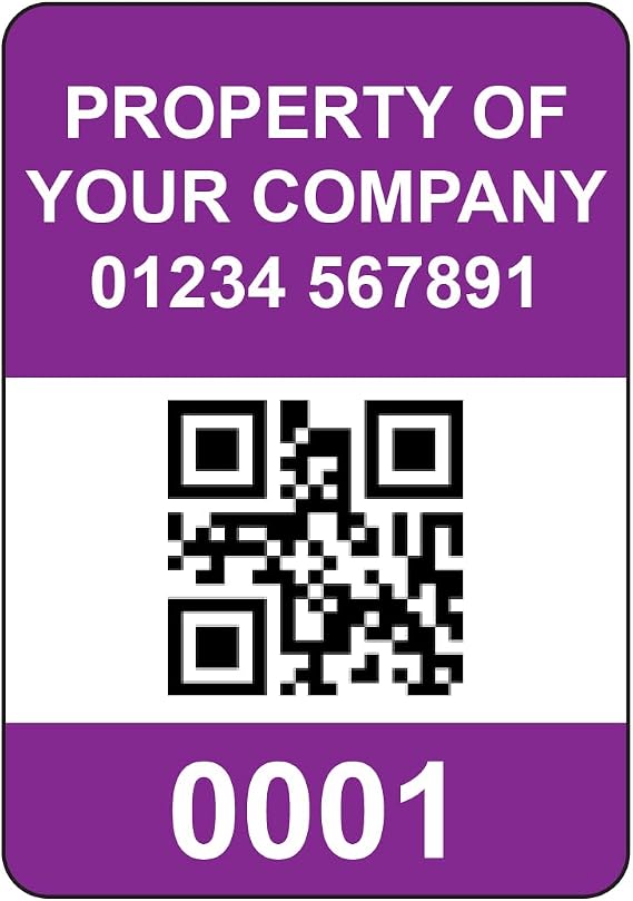 500 Serialised QR Code Asset Tag Labels Custom Stickers- Purple. 40mm x 28mm Permanent Vinyl Labels