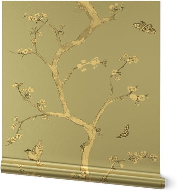 Gold Metallic Wallpaper 27ft x 2ft - Chinoiserie,Large Scale,Pastel Blue,Victorian,Flower Bird,Romantic Traditional Wallpaper by Spoonflower