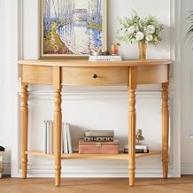 39" Farmhouse Half Moon Console Table with Drawer & Open Bottom Shelf, Rustic Accent Sofa Side Table with Metal Knob and Wood Frame for Entryway, Living Room, Hallway and Foyer (Natural-01)