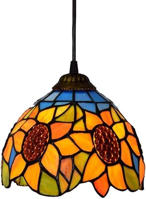Tiffany Style Pendant Light 8-Inch Pastoral Sunflower Hanging Lamp Round Rustic Stained Glass Decoration Ceiling Lighting Vintage Design for Living Room Dining Room Corridor Balcony, E27