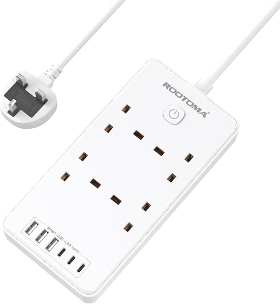 Extension Lead with 6 USB Slots (3 USB C), 4 Way Surge Protected, 1.5M | Wall Mounted Multi Plug Power Strip with Switch for Home Bedroom Kitchen Office, White