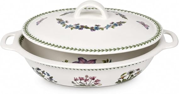 Portmeirion Botanic Garden 15" Oval Casserole Dish with Lid, Assorted Florals Motif - Porcelain Baking Dish with Chip-Resistant Glaze, Dishwasher, Microwave, Oven Safe - Stylish Bakeware & Serveware