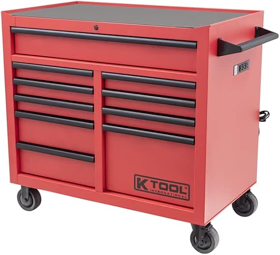 K Tool International 75133 41" Service Tool Cabinet for Garages, Repair Shops and DIY, (10) Drawer, Double Bay, 5" Swivel Casters, (2) with Brake, Integrated UL Power Strip, Fully Assembled, Red/Black