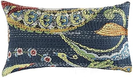 Blue Handblock Animal Print Handmade Cotton Kantha Quilting Boho Bedding Throw Blanket Hippie Queen/King Size Bohemian Block Kantha Quilt (20X12 inch Pillow Cover)