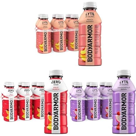 Bundle of Three BODYARMOR 16oz 6pk Flavors: Lyte Peach Mango, Zero Sugar Fruit Punch, and Dragonfruit Berry