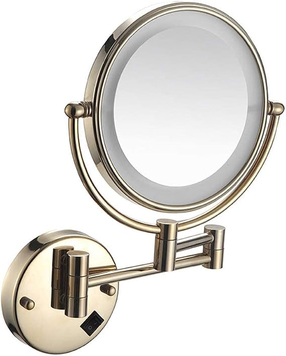 8 in Makeup Mirror Wall Mount LED Lighted Wall-Mounted Bathroom Mirror with Lights and 3X Magnification, Lighted Wall Mount Mirror Double Sided Swivel Extendable, Round,Rose Gold,Hardwire(Light Gold,H