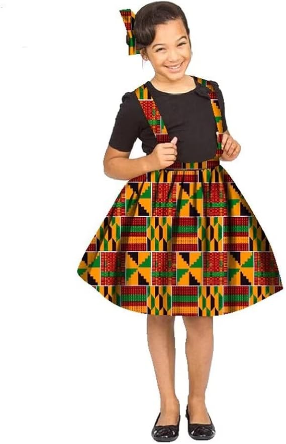 African Print High Waist Girl's Suspender Skirts A-Line Flared Skater Short Skirt Kids