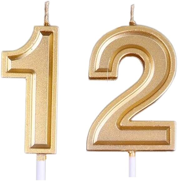 Mart Gold 12th Birthday Candles, Number 12 Cake Topper for Birthday Decorations