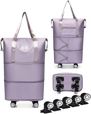 Expandable Foldable Duffel Bag with Detachable Wheels, 64L Large Capacity Rolling Travel Duffle Bag, Lightweight Carry on Luggage with Spinner Wheels, Weekend Gym Tote Bag Light Purple