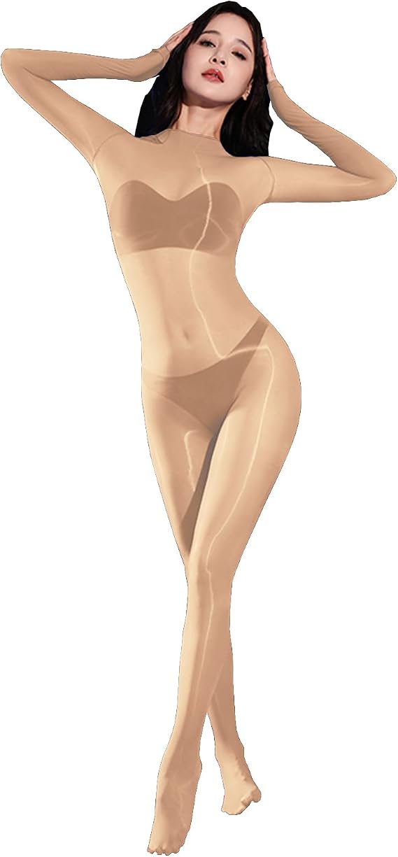 LESOYA Women Men 8D Oil Shiny Glossy Nylon Sheer Seamless Bodystocking Long Sleeve See Through Sheer Bodysuit Catsuit