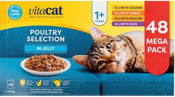 Vitacat 100% Complete & Balanced Poultry Selection in Jelly Cat Food 48 x 100g | Wet Cat Food Pouches for Adult Cats 1+ | Chicken, Turkey, Duck, Poultry | Omega 3 | Mega Pack