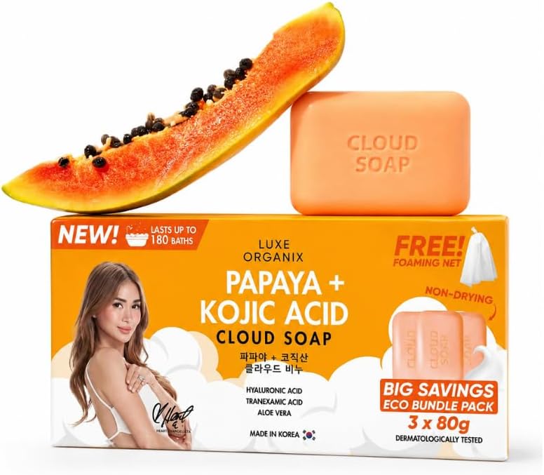 Papaya + Kojic Acid Cloud Soap 80g x 3 Bars – Brightening Facial & Body Soap with Papaya Extract, Kojic Acid, Tranexamic Acid, Niacinamide, Hyaluronic Acid & Aloe Vera