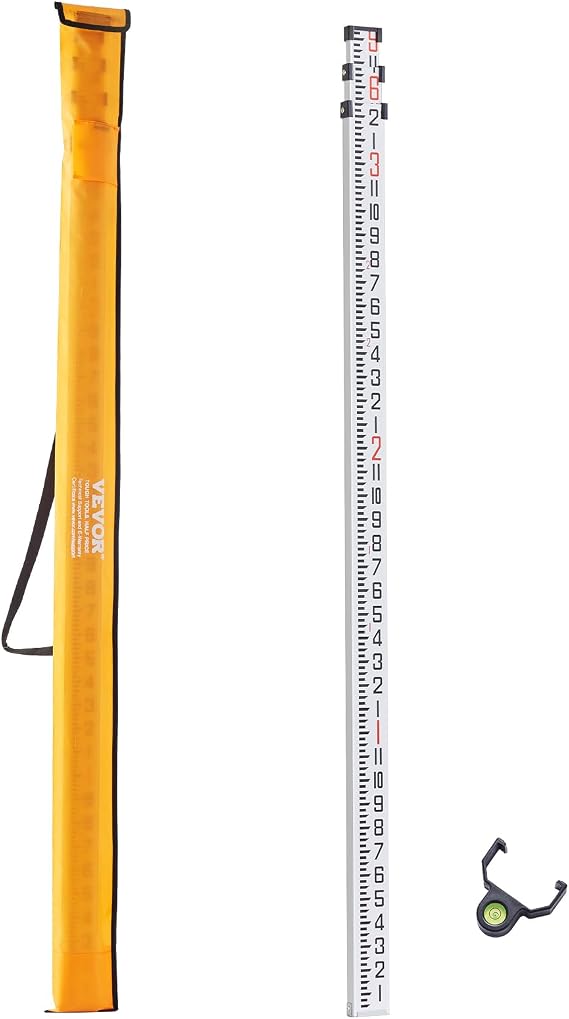VEVOR Aluminum Grade Telescopic Measuring Rod, 9-Feet 3 Sections, Double-Sided 1/8in Leveling Rod with Bubble Level & Carrying Bag for Houses, Walls, Floors
