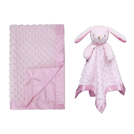 Pro Goleem Bunny Lovey and MInky Dot Baby Blanket with Satin Backing Pink