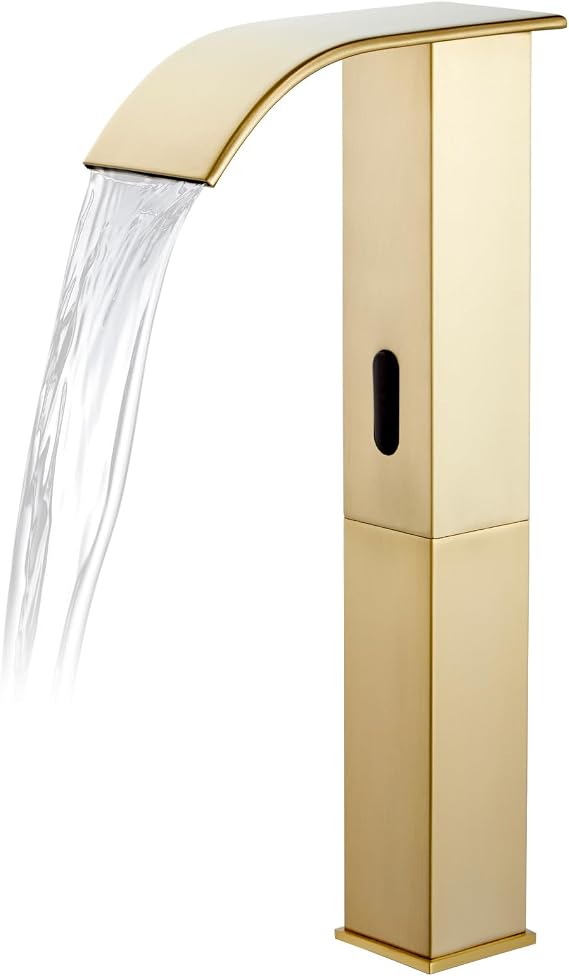 Touchless Bathroom Faucet, Automatic Sensor Bathroom Sink Tall Body Gold Faucet with Control Box, Modern Waterfall Stainless Steel Vanity Tap Single Hole and Temperature Mixer