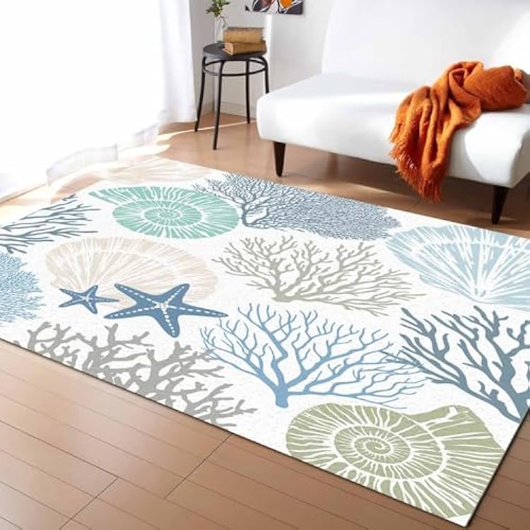 Blue Coral Area Rug for Living Room, Coastal Ocean Nautical Rectangular Indoor Carpet - 5 x 7, Summer Starfish Shells Marine Themed Non-Skid Bathroom Mat Kitchen Runner Rugs for Bedroom