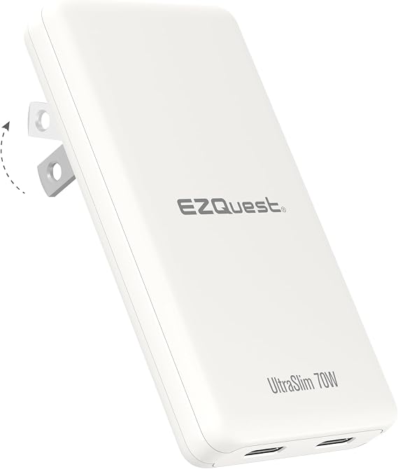 UltraSlim 70W GaN II Dual USB-C PD Wall Charger - Compact Flat Plug Adapter with Foldable Design, Intelligent Power Allocation & Fast Charging for Laptops & Phones - White