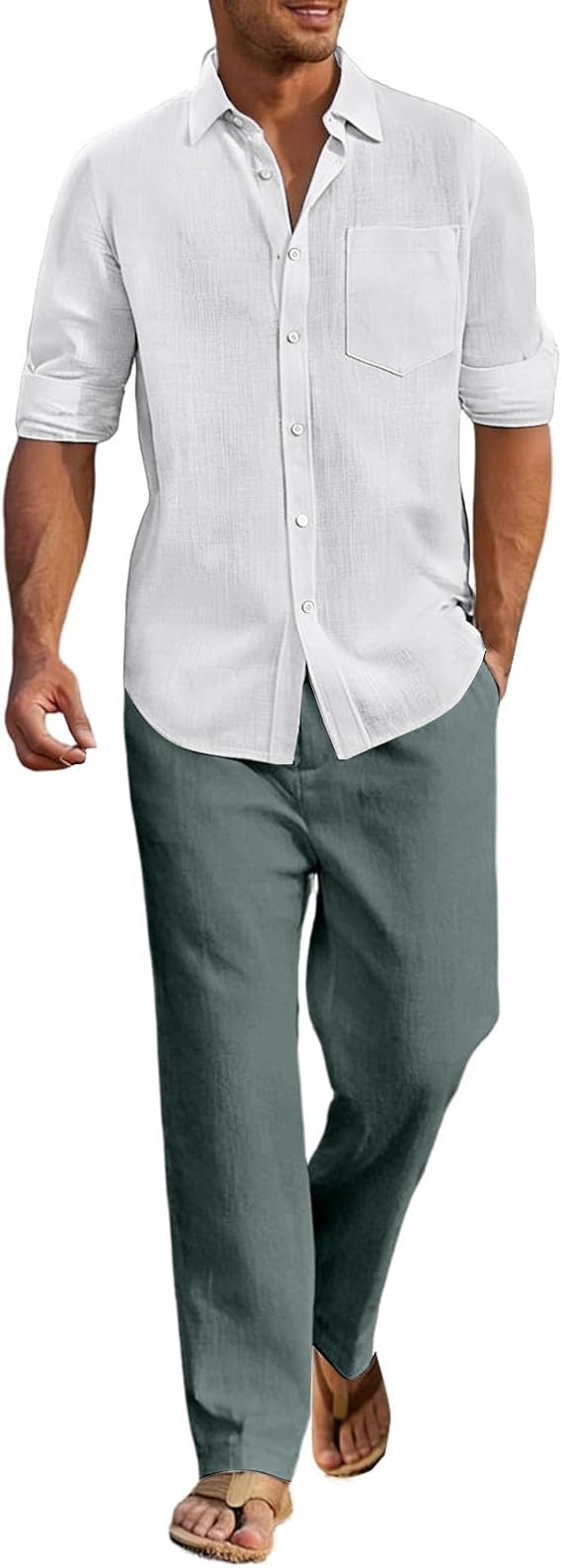 Linen Co Ord Sets for Men UK Long Sleeve Button Down Shirts and Pants Tracksuit Set 2 Piece Summer Outfits Casual Solid Loungewear Activewear with Pockets for Beach Vacation Wedding Business Work
