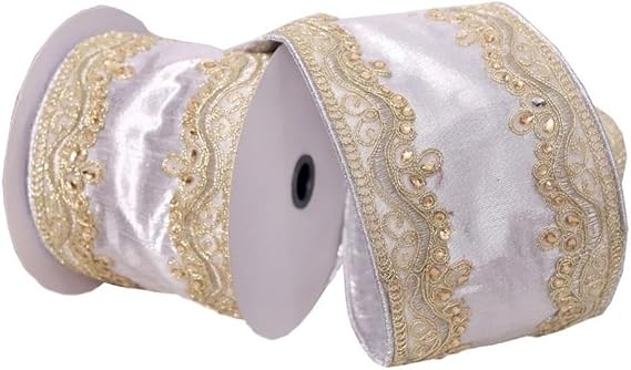 Vickerman 4" x 5 Yards Silver with Gold Embroidery Two-Sided Wired Edge Christmas Ribbon.