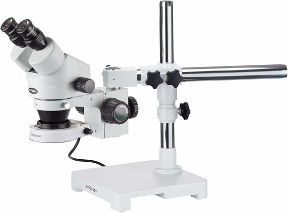 AmScope SM-3B-80S Professional Binocular Stereo Zoom Microscope, WH10x | 7X-45X Magnification Range 80 LED Ring Light 360 Multi-Axis Head Rotation Single-Arm Boom Stand