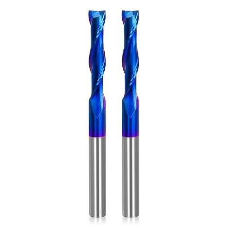 LUNYEE 2PCS Upcut Spiral Router Bit 1/4 inch Shank, 1/4 inch Cutting Diameter, Extra Long 3 inch Solid Carbide with Nano Blue Coating CNC Router Bits End Mill for Wood Cut, Carving