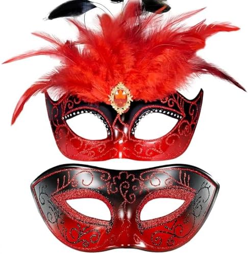 Masquerade Mask for Couple with Feathers - Womens Feather Carniva Masks & Men Venetian Mask for Halloween, Christmas