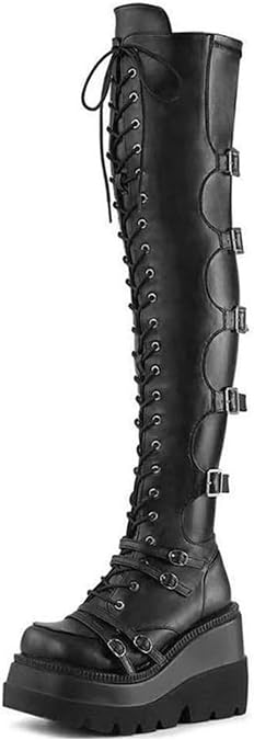 Womens Platform Mid Calf Combat Boots Wedges Chunky Booties Punk Combat Boots For Women Goth Motorcycle Booties