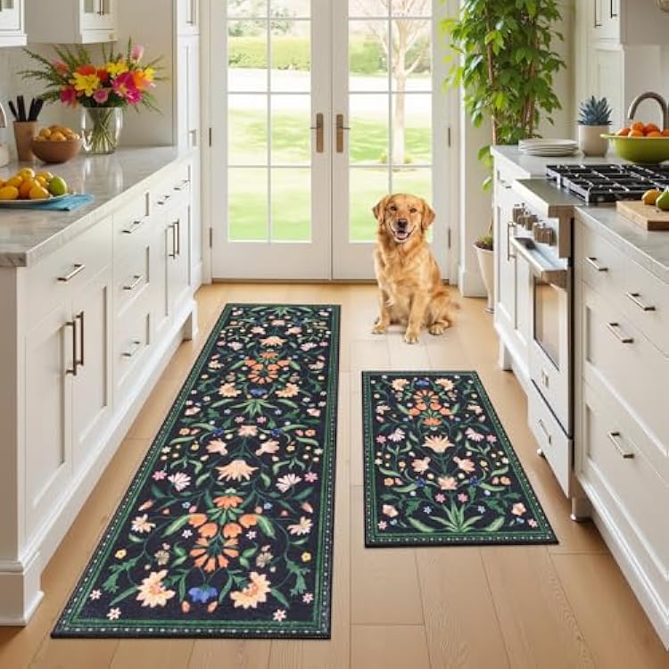 Ileading Kitchen Mat Sets 2 Piece,Plant Florals Rugs for Kitchen Floor,Stain Resistant Standing Mats with Non Slip Rubber Backing,Waterproof Runner Rugs for Laundry,Doormat,EntrywayBlack Florals