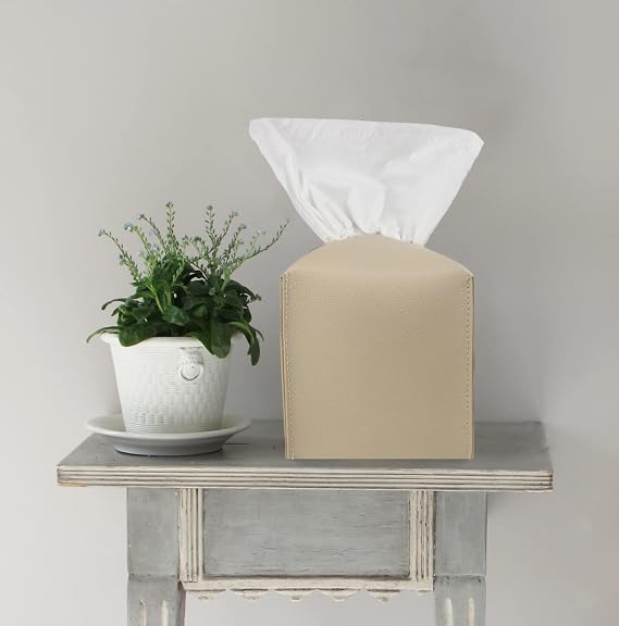 LAMINET Deluxe Tissue Box Cover,Square -Decorative/Cover for Bathroom Vanity,Countertop,Night Stand,Office, Bedroom,Living Room,Desk & Car 5"X5"X5"-Fits 99% of Square Tissue Boxes. Soft Material-Beige