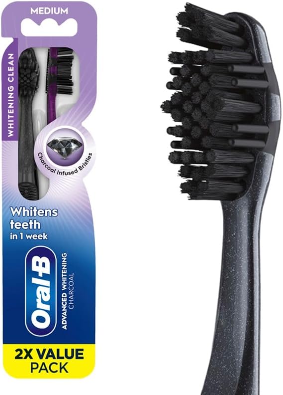 Oral-B 3D White Charcoal Manual Toothbrush, 2-Pack, Medium Bristles, Teeth Whitening Brushes for Adults