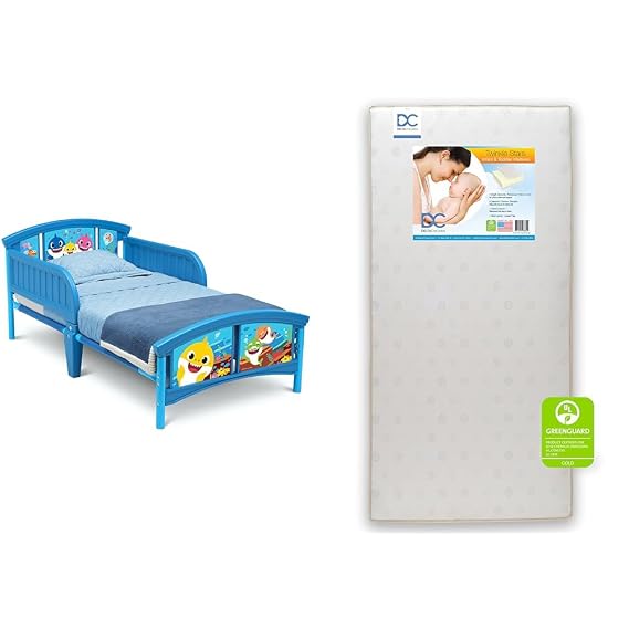 Delta Children Baby Shark Plastic Toddler Bed with Twinkle Stars Dual Sided 6" Crib and Toddler Mattress