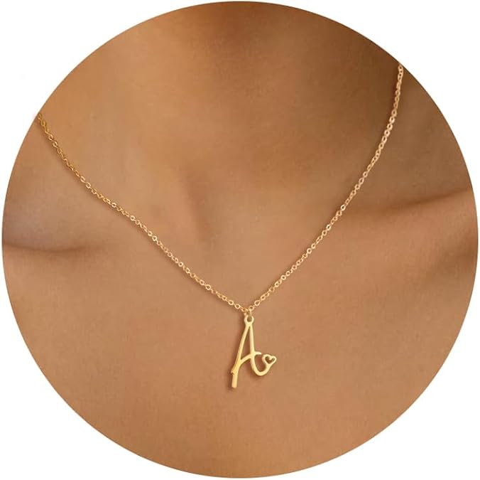 Gold Silver Initial Necklace for Women Personalised Name Letter Necklaces A-Z and Small Heart Pendant Stainless Steel Chains Jewellery Gift for Girls Ladies 18"+2"