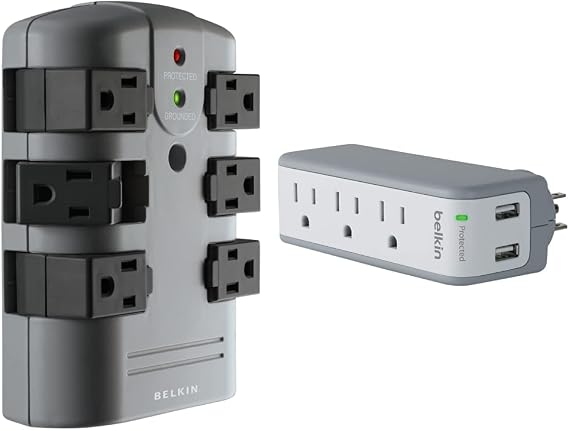 Belkin Power Strip Surge Protector & Phone Charging Brick (1,080 Joules) & Wall Mount Surge Protector - 3 AC Multi Outlets & 2 USB Ports - Flat Rotating Plug Splitter - Wall Outlet Extender