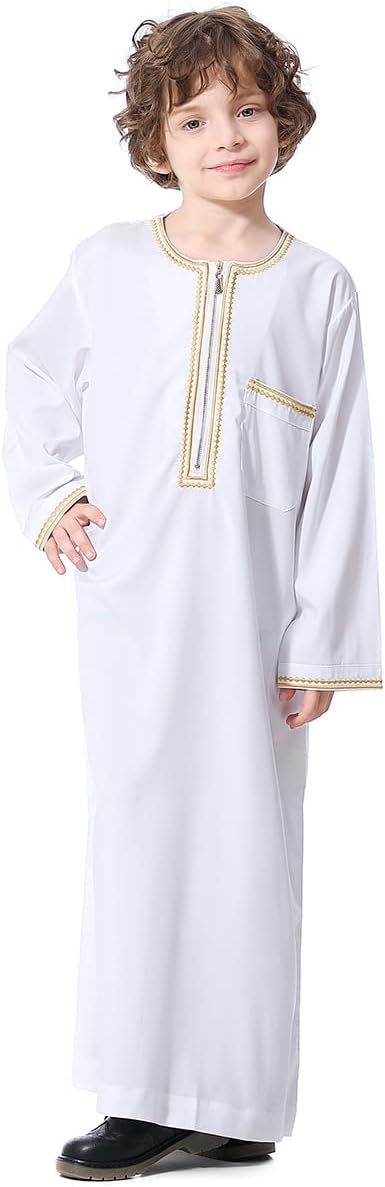 IDOPIP Muslim Boys Thobe for Kids Islamic Arabic Middle East Loose Kaftan Robes Long Zipper Prayer Thobes Dress with Pockets