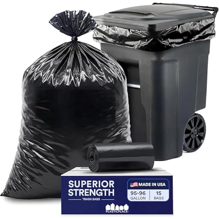 Plasticplace 95-96 Gallon Heavy Duty Black Trash Bags - Contractor Grade, Extra Large Garbage Bags for Construction & Outdoor Trash Cans, 1.2 Mil Thick, 61 x 68 15 Count Roll