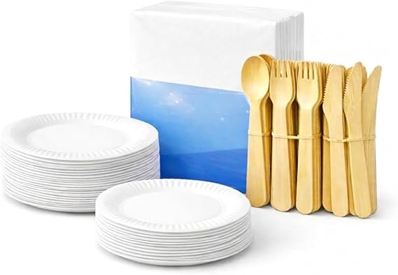 Disposable Partyware Set, 265 Pieces – 7 Inch Paper Plates (35 Pack), 9 Inch Paper Plates (30 Pack), 100 Napkins, 100 Wooden Cutlery (40 Forks, 40 Spoons, 20 Knives) for Parties, Picnics & Events