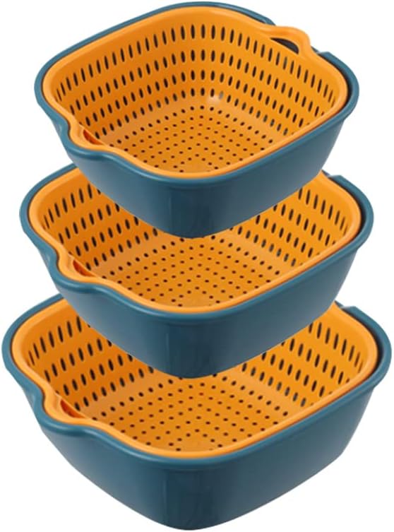 Vegetable Washing Baskets in The Kitchen Fruit Baskets Multi-layer Stackable Vegetable Sinks, Strainer and Washing Fruits and Vegetables Kitchen Colander Set (Blue Yellow)