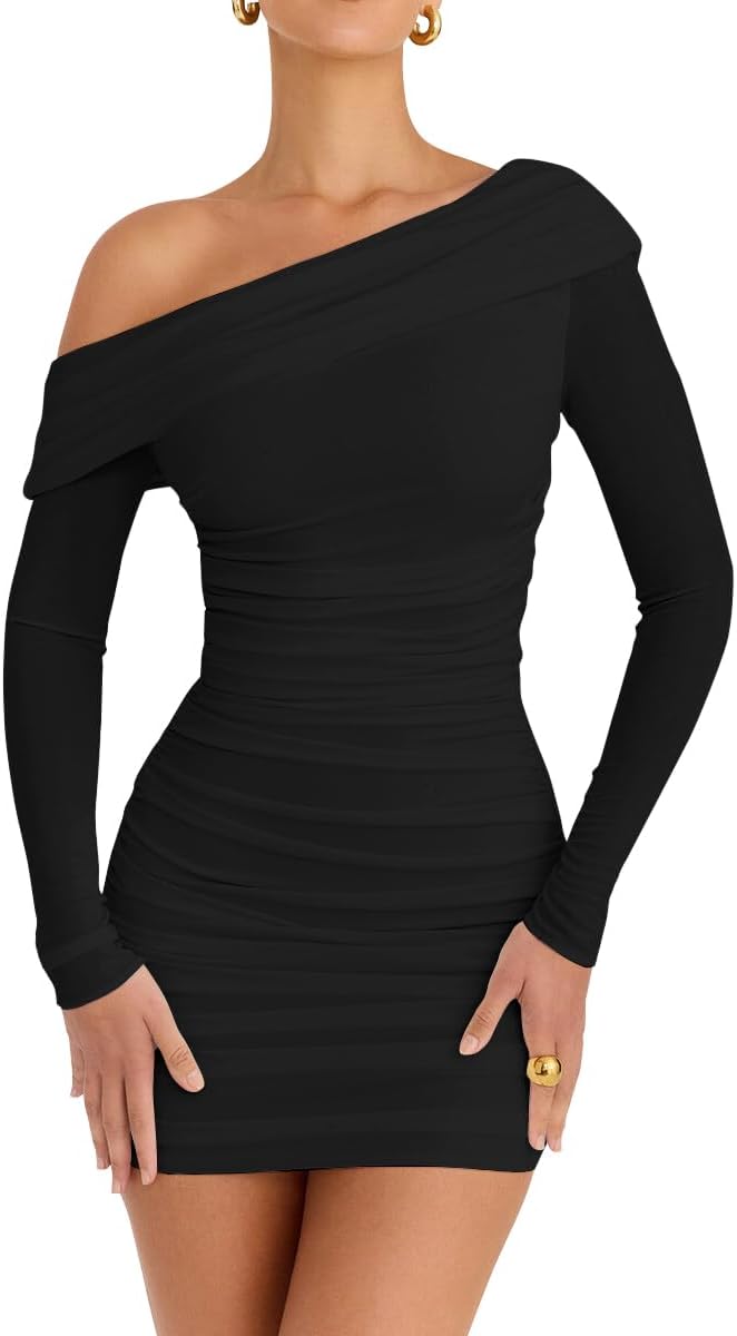 LCNBA Womens Sexy One Shoulder Mesh Long Sleeve Ruched Bodycon Club Party Mini Dress
